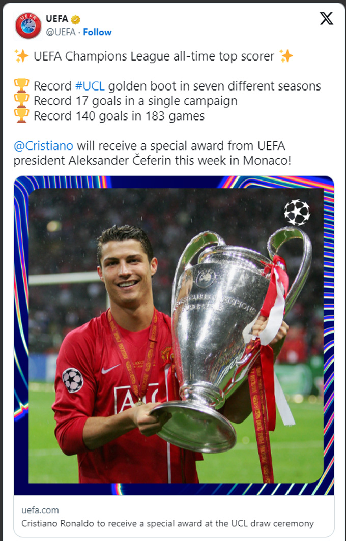 Ronaldo sẽ được UEFA vinh danh ở lễ bốc thăm Champions League 2024/25